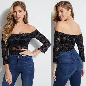 GUESS Kristy Off-The-Shoulder Lace Top Black Size Medium